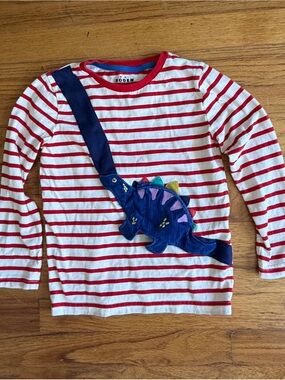 Mini Boden Red & White Striped Long-Sleeve Top with Navy Dinosaur VGUC